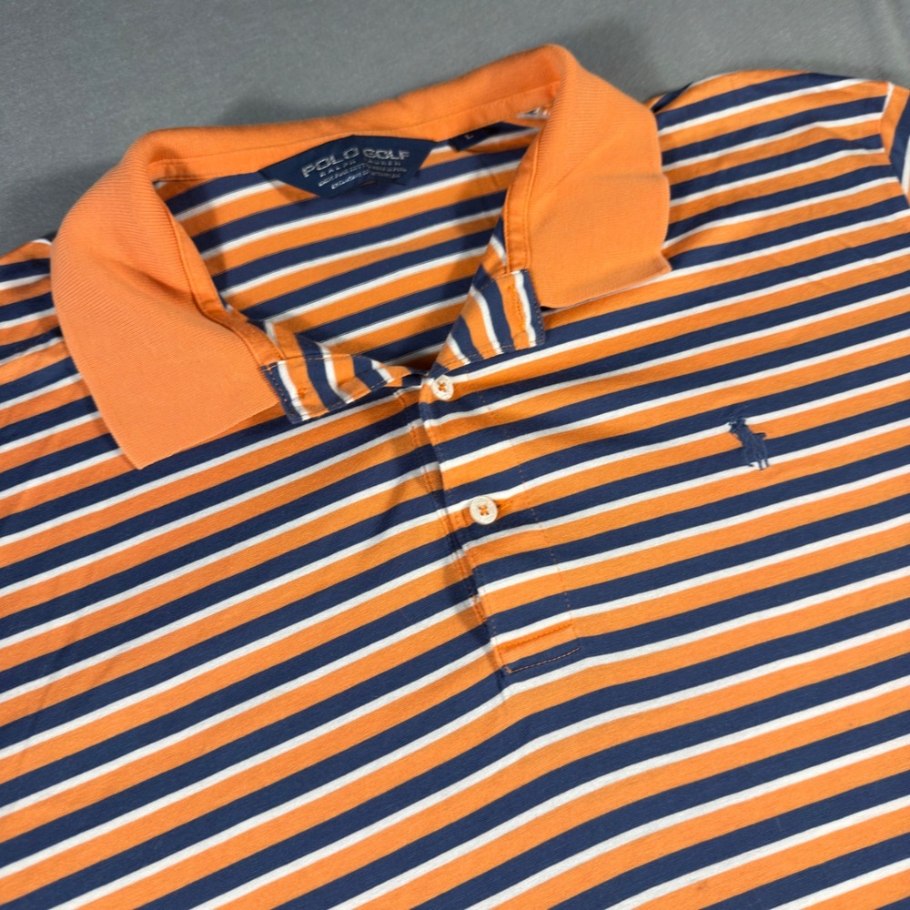 Polo Golf Ralph Lauren Mens Large Pima Cotton Striped Polo Shirt Orange Navy